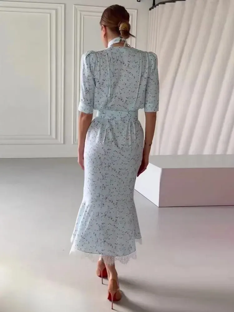 Deep V Neck Lace Trimmed Printed Dress Women Light Blue Tie Front Button Up Short Sleeve Robe Summer Lady Party Dresses 2026 — image 3