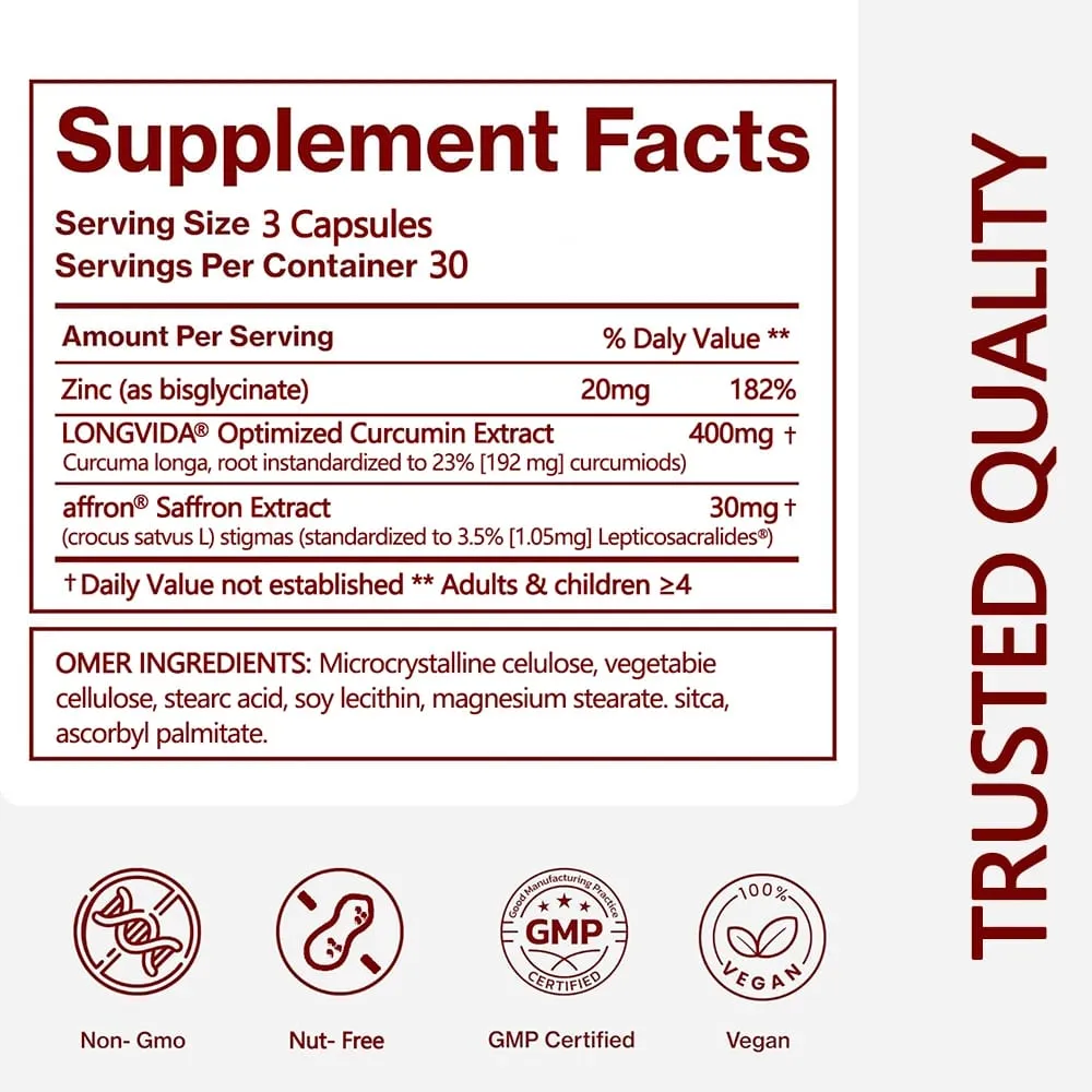 Saffron Supplements for Mood & Focus & Stress - with Saffron Flower Extract Curcumin & Zinc - Vegan Gluten Free | 90 Capsules — image 6