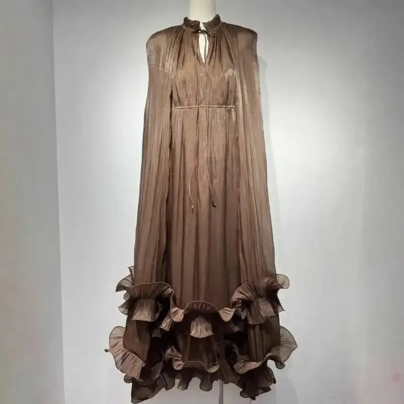 Commuting Style V-neck Cape Style Black Fungus Edge Double-layer Hem Dresses For Women 2026 Autumn New