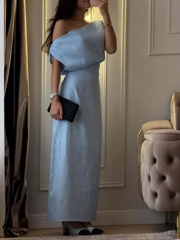 Elegant One Shoulder Asymmetric Pleated Long Dress Chic Solid Color Slanted Collar Slim Cinched Slit Cotton Linen Blend Dresses