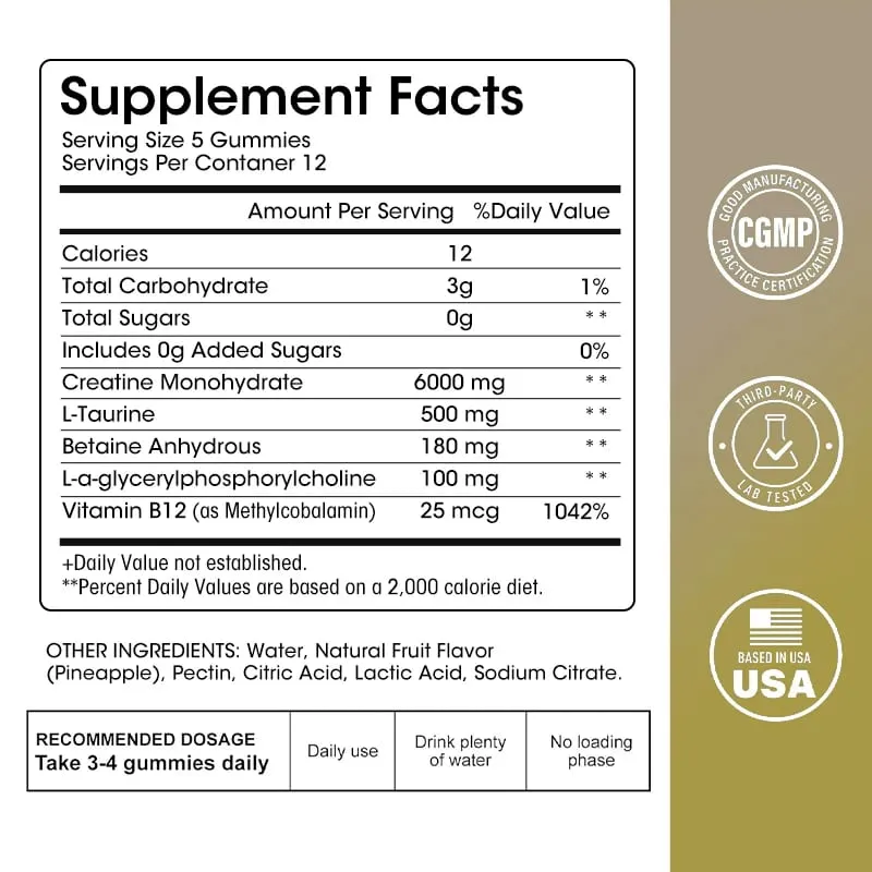 Gomitas de monohidrato de creatina Kexinsh, 6000 mg, creatina masticable sin azúcar para la fuerza muscular, aumento de energía para el desarrollo muscular