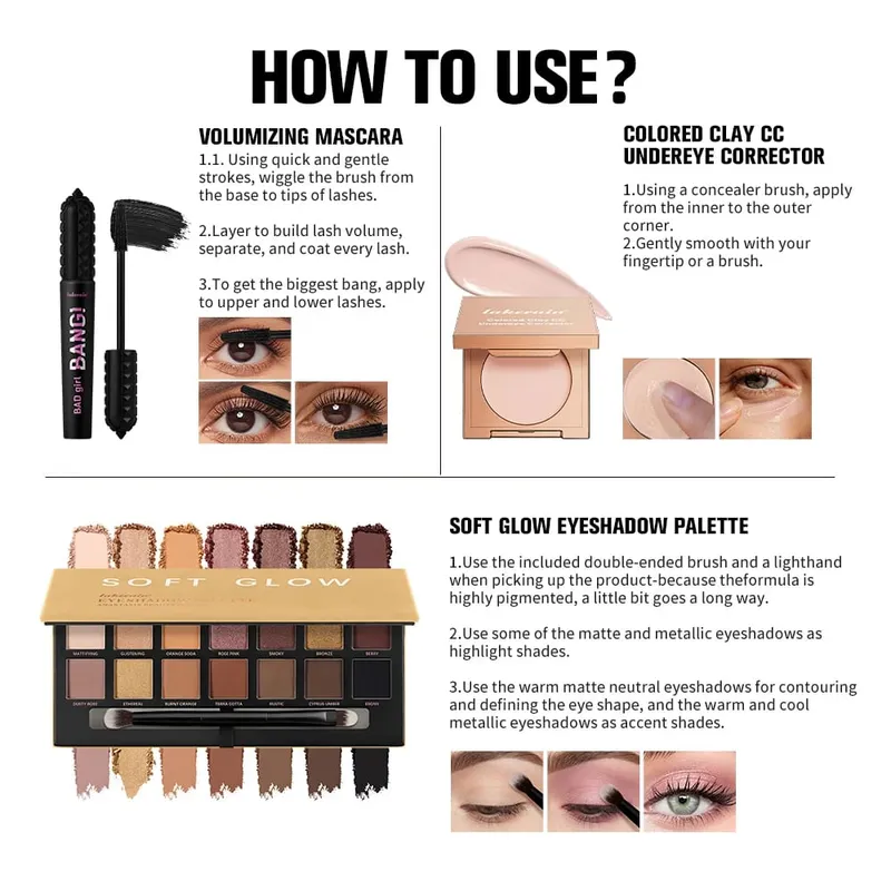 3ks/set CC Full Coverage Color Corrector Glow Palety očních stínů Volumizing Mascara Lasting Beauty Eyes Makeup Kit