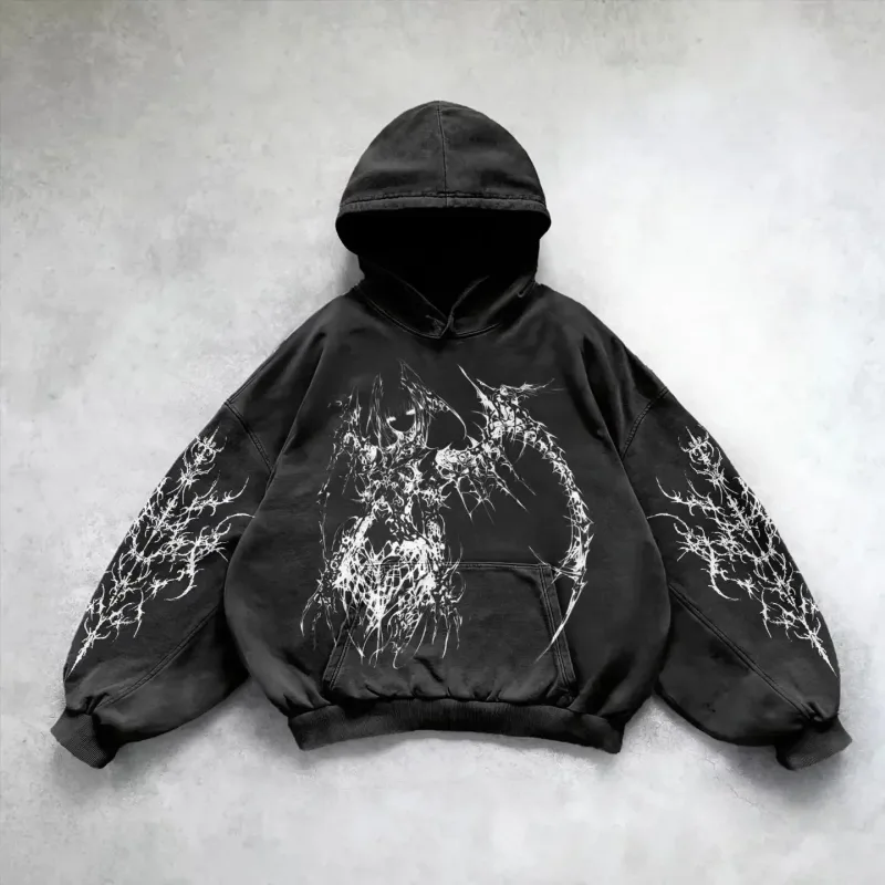 Retro Gothic Graphic Print Hip Hop Hoodie for Men Y2k Grunge Punk Casual Loose Pullover Women Streetwear Sweatshirt Hoodies