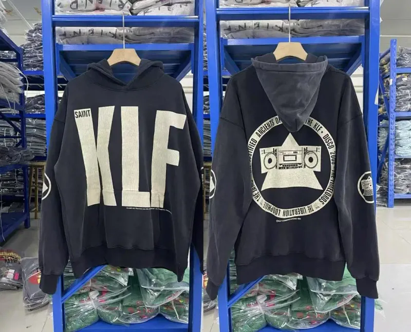 26FW SAINT x Ber B J Co-brand Big Logo Printed Women Men Washed Hooded Sweatshirt Hoodies Vintage Distressed Men Casual Hoodie