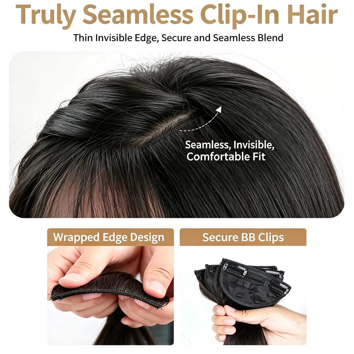 3 Pcs Black Synthetic Straight Hair Extensions Invisible Seamless Clip on Breathable Mesh Elastic BB Straight Hair Pieces