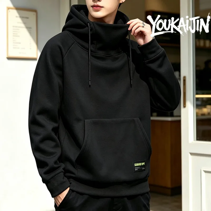 Men's Polar Fleece Sweatshirt Solid Color Street Style Autumn Winter Hood Sports Windproof Oversized High Collar Hoodie 5XL