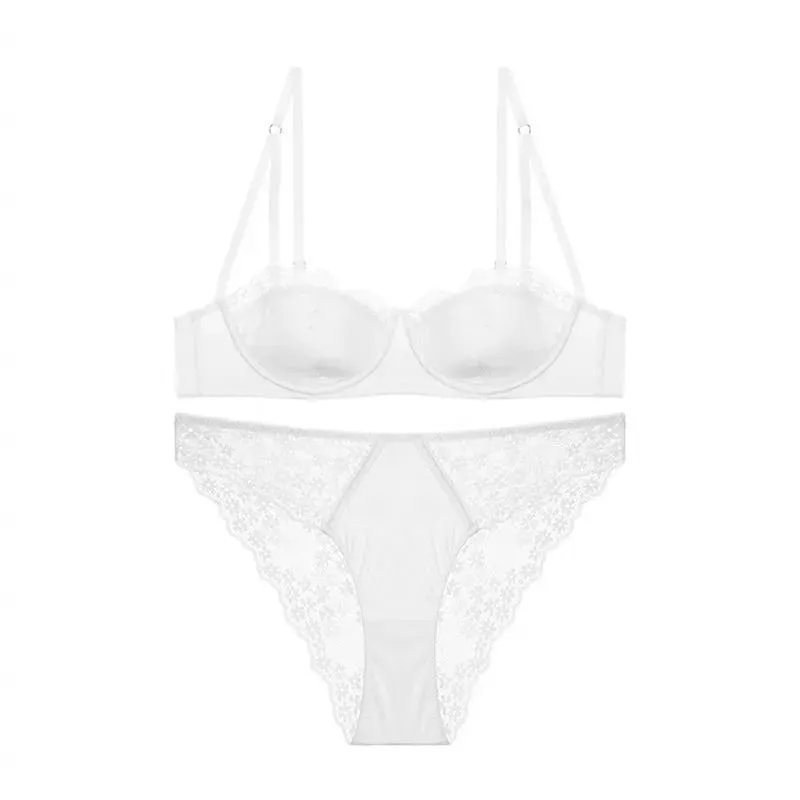Women Half Cup Lace Bra Set Thin Underwire Minimizer Bra Sexy Push‑Up Anti‑Sag Side Support Hide Armpit Fat Lingerie
