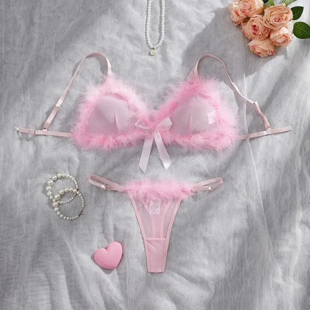 Christmas Furry Women's Underwear Mesh Transparent Wireless Lingerie Set Romantic Intimate Bow Decor Bra Panties Suit Home