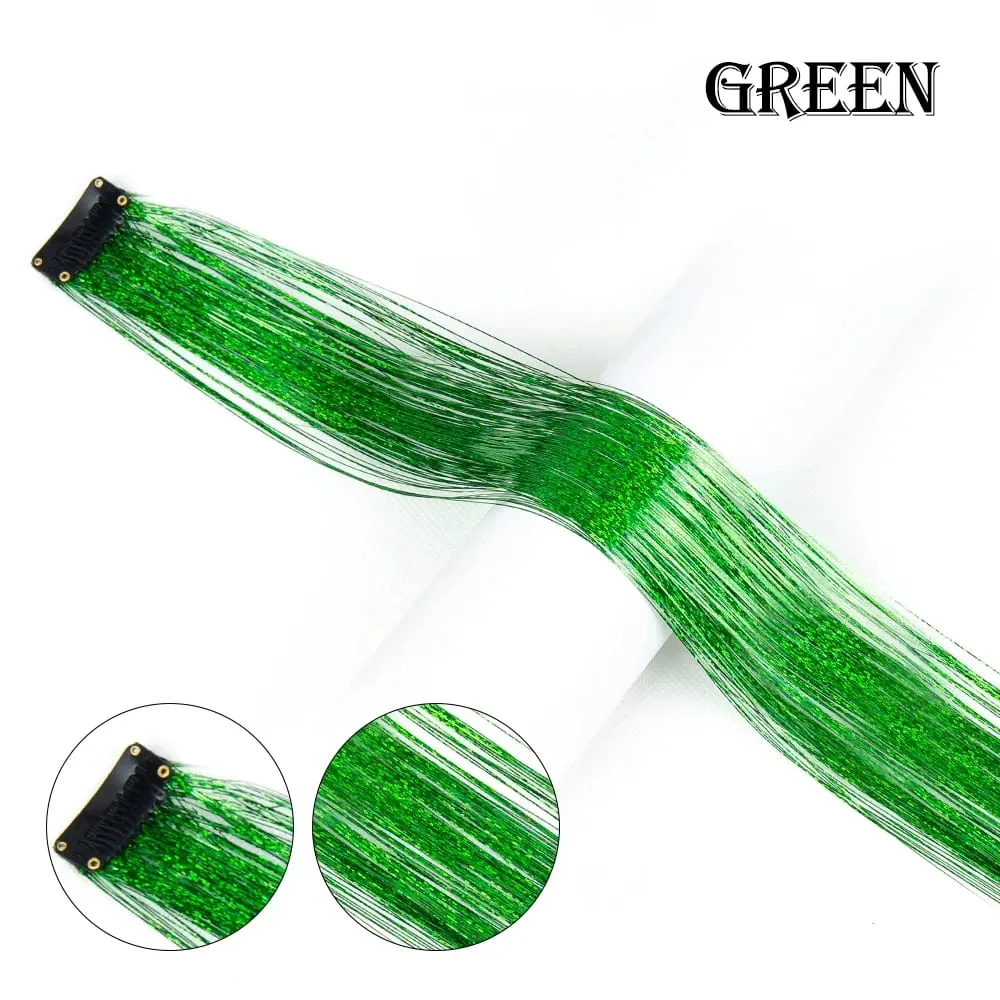 Straight Rainbow Colored Party Highlights Clip On In Hair Extensions Bling Hair Piece Synthetic Hairpieces Sparkling Tinsel Red — image 17