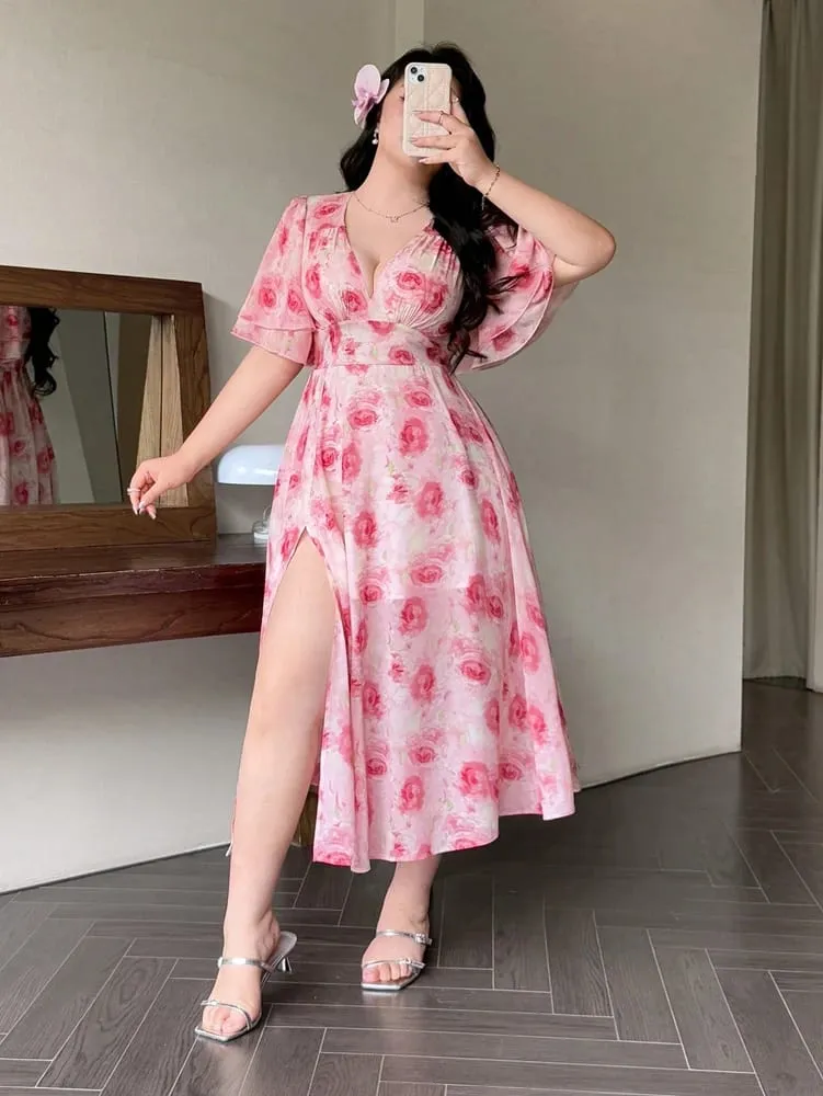 Plus-Size Spring/Summer Romantic Print Fitted Ruffled-Sleeve Slit Maxi Dress—Sweet Everyday Style Perfect for Dates