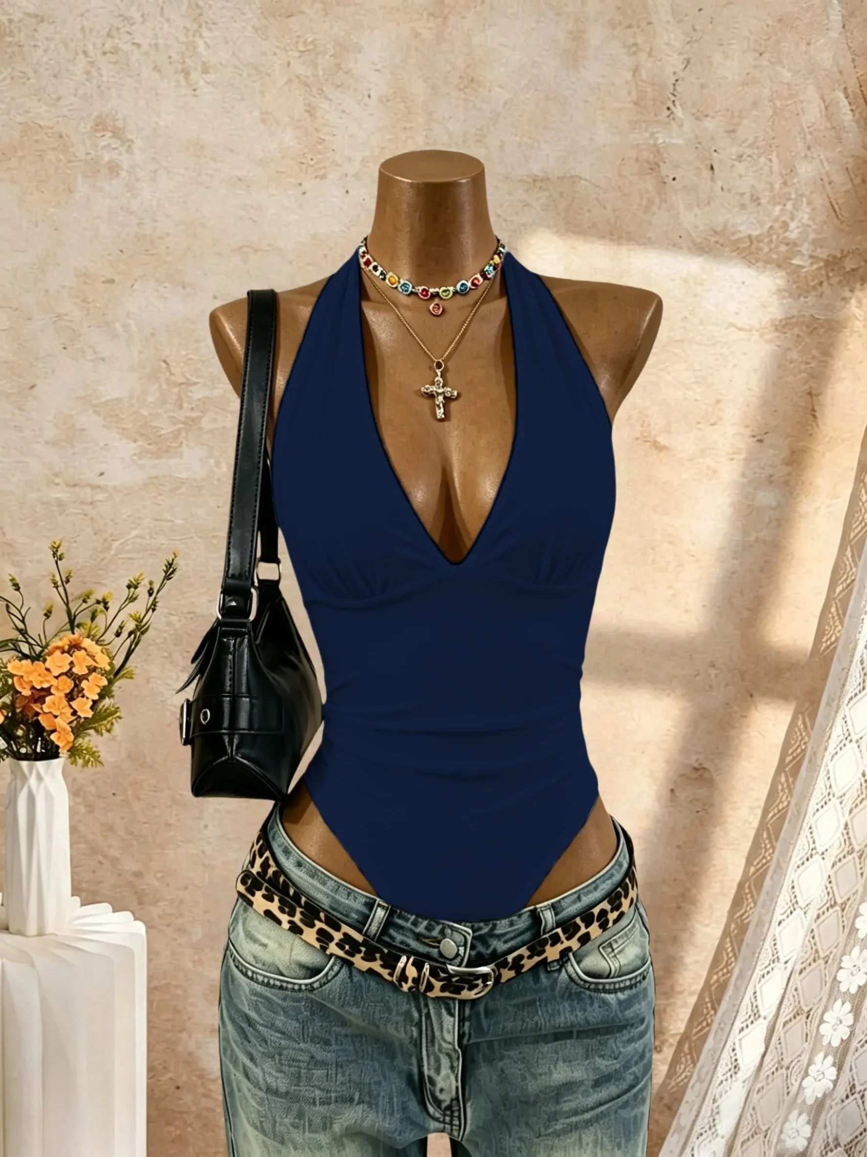 Women Halter Deep V Neck Bodysuit Solid Color Sleeveless Ruched Front Slim Fit Basic Jumpsuit Tank Top