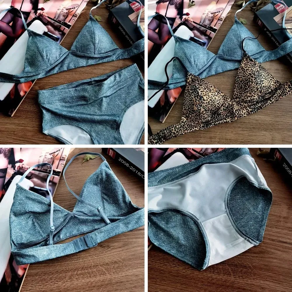 Triangle Cup Bra Set Sexy Leopard Print Ultra Thin Wirefree Bralette & Panty Lingerie for Small Breasts
