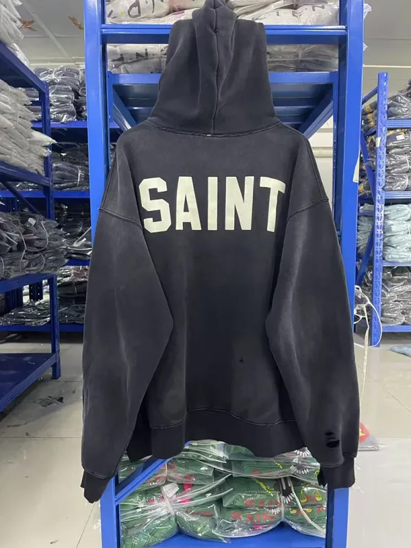 25FW Washed Grey SAINT Hoodies Men Woman Oversize Streetwear Damaged Hooded Pullovers Graphic Print Sweatshirts