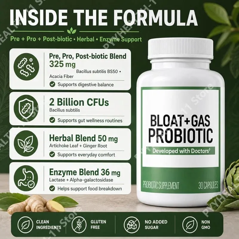 60 Billion Probiotic Capsules with Acacia Fiber Postbiotic Herbal and Enzyme Blend Gut Health Support Gas Relief for Adults 30ct
