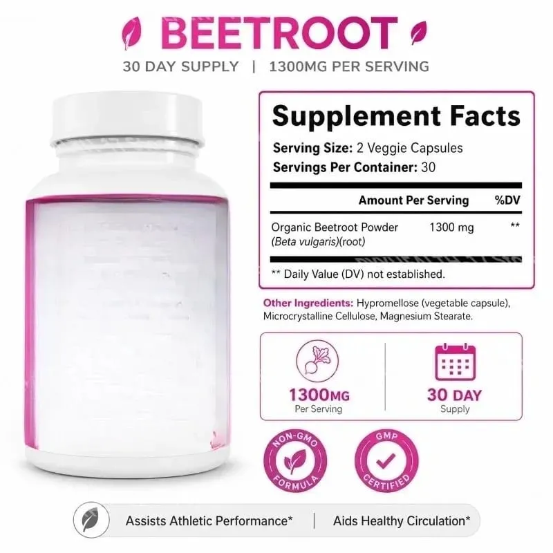 Beetroot Capsules Non-GMO Beets Support Healthy Circulation and Athletic Performance Organic Beetroot Powder 1300mg 60 Capsules