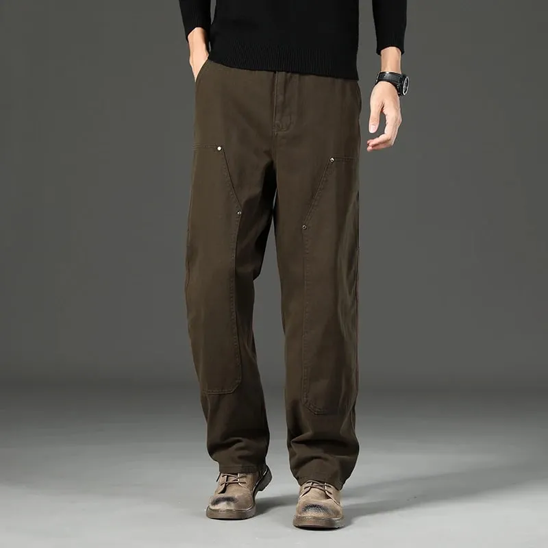 High Quality Spring New Style Straight Loose Men's Casual Pants Rivet Splicing Safari Style Cotton Trousers Army Green Jeans
