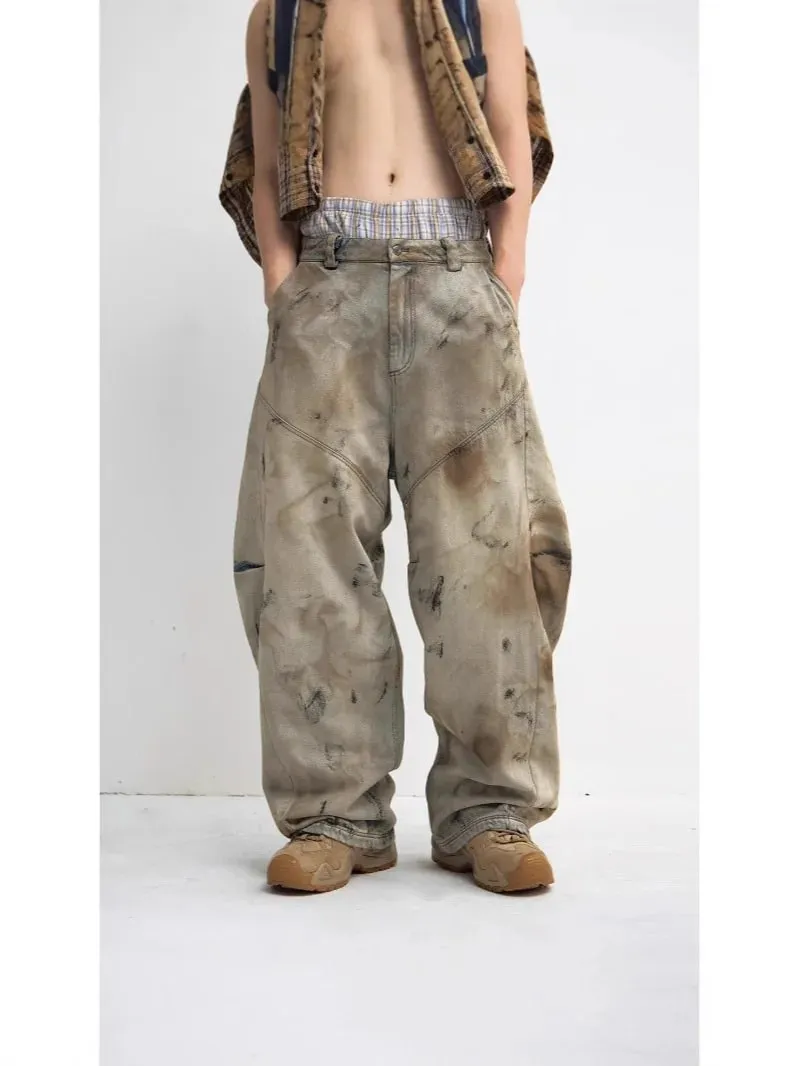 Male Winter American Style Vintage Dirty Men's Jeans 2026 Spring New High Street Design Loose Wide Leg Floor Length Denim Pants
