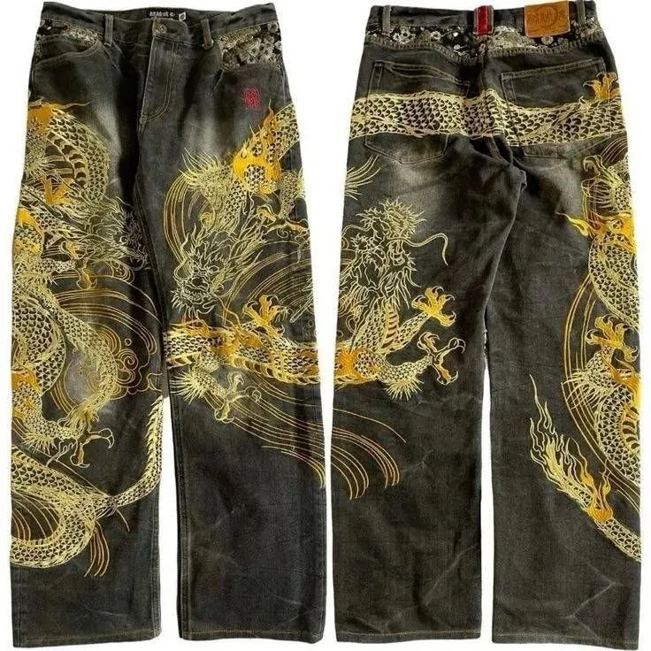 Unisex White Red Tribal Flame Print Loose Wide Leg Jeans Y2K Grunge Streetwear Oversized Denim Pants