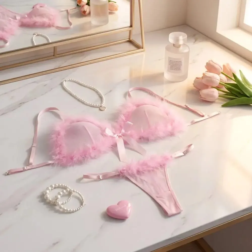 Furry Women's Underwear Wireless Bow Decor Lingerie Set Romantic Intimate Mesh Transparent Bra Panties Suit Valentine's Day — image 2