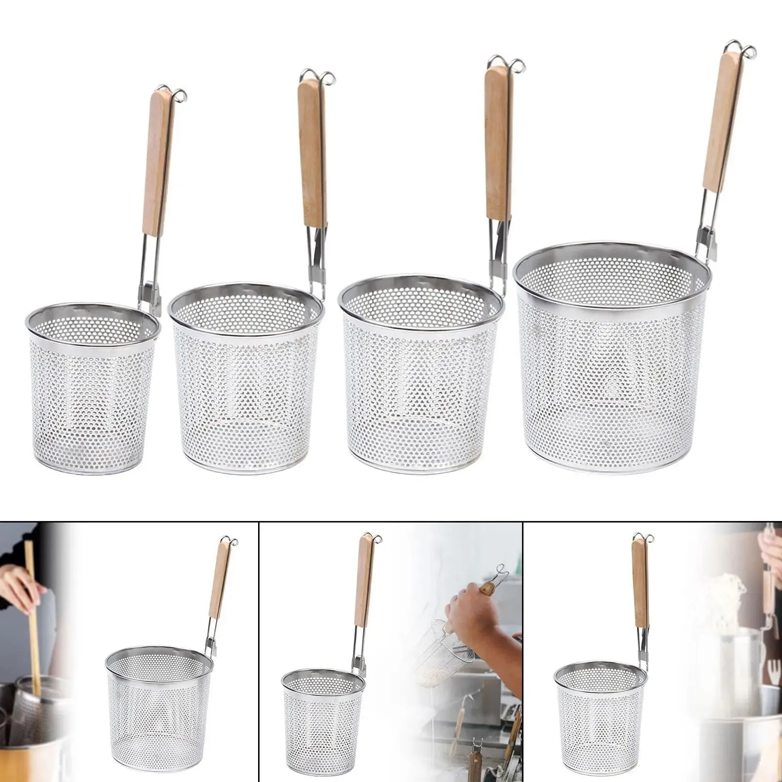 Stainless Steel Pasta Strainer Frying Serving Basket with Wood Handle for Onion — image 4