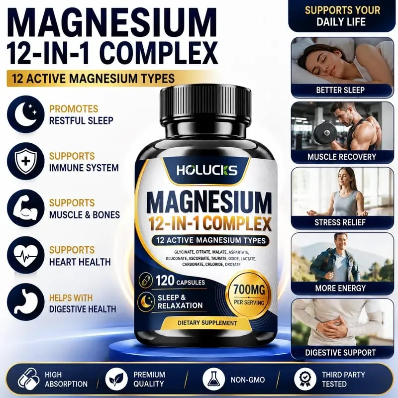 Magnesium 12-IN-1 Complex Capsules - Bone & Heart Health Supplement Sleep Support Muscle Relaxation Stress & Anxiety Relief