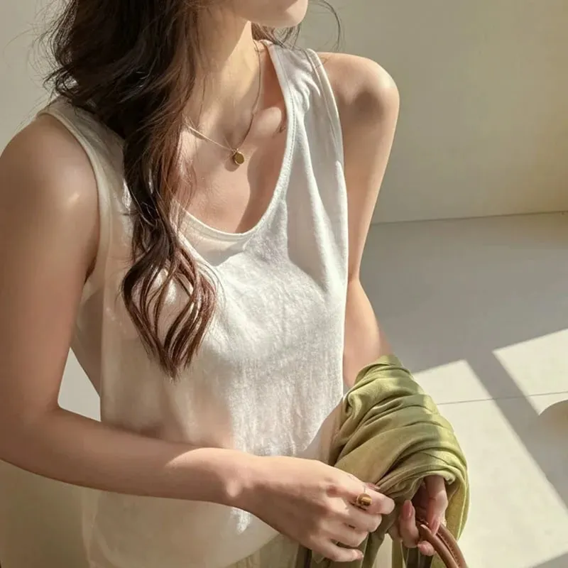2026 New Women Summer Casual Tank Tops Solid Color All-Match Basic Sleeveless Vest Female Korean Simple Loose O-Neck Camis Top