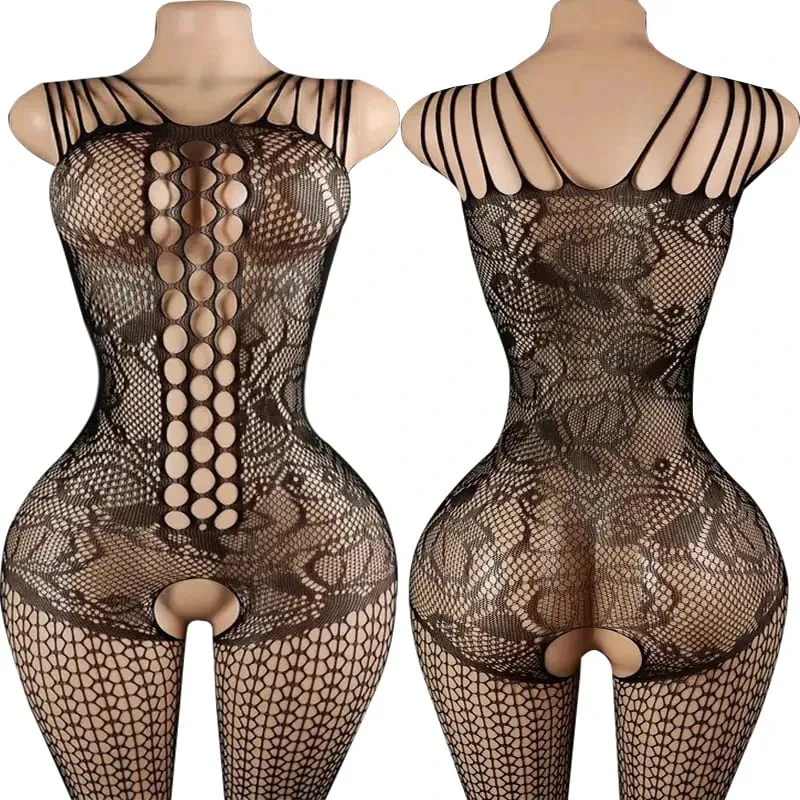 Black Fishnet Off-Shoulder Open-Crotch Bodystocking Lingerie Set Sexy Crotchless Teddy Bra Women's Erotic Underwear