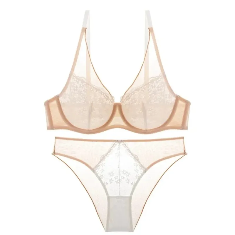 Mesh Lace Flower Bra Set Lingerie Underwear Push Up Bra Women Seamless Brassiere Mesh Bra Panties Kit Romantic Evenings