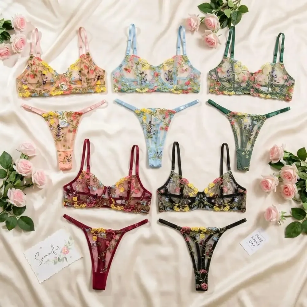 2dílná sada květinového spodního prádla Průsvitné všestranné spodní prádlo Intimky Výšivka Kostice Push-up Bra Kalhotky pro slečnu — image 3