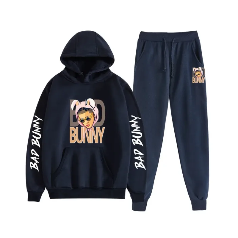 Harajuku Comfortable bad bunny Print Sweatshirt Sweatpants Suit Women's Hoodies+ Trousers Suit Boys/Girls 2 Piece Set Clothes