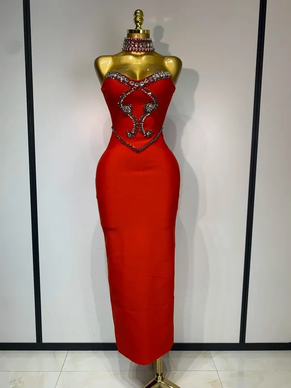 High Quality Strapless Beading With Necklace Bandage Dress Celebrity Elegant Evening Party Fancy Club Birthday Dresses — image 8