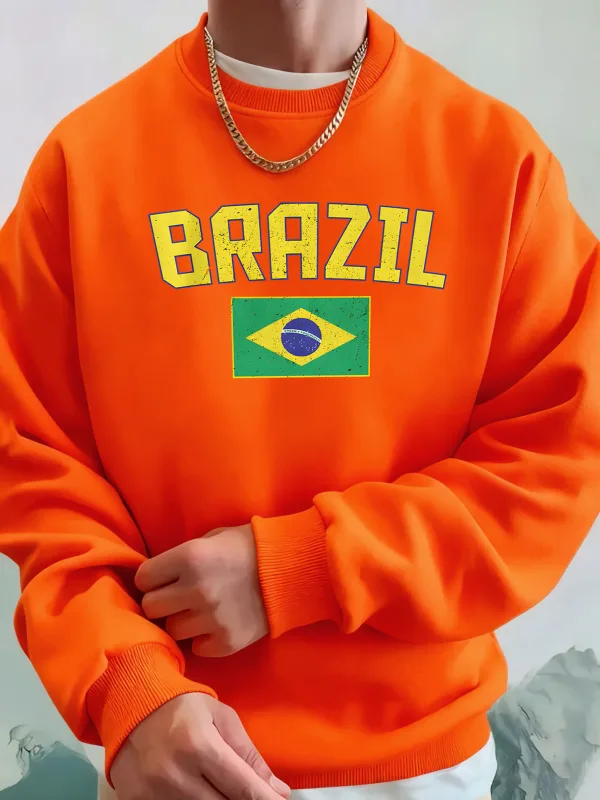 Brazil Letter And Flag Prints Man'S Pocket Streetwear Street Basic Hoody Crewneck Sport Sweatshirts Fleece Trendy Pullovers