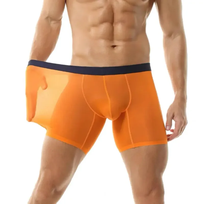 Men Boxer Underwear Elastic Mid-Waist Design Breathable Ultra Thin Seamless Shorts Panties Patchwork Color U-Convex Panties