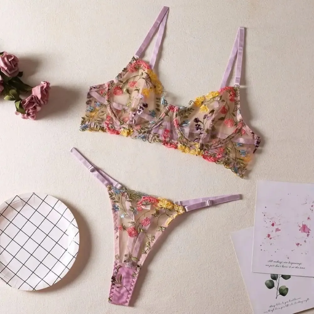 Versatile Transparent Lingerie Set Ultra-thin Push Up Panties Bra Set Elegant Embroidery Floral Underwear Valentine's Day
