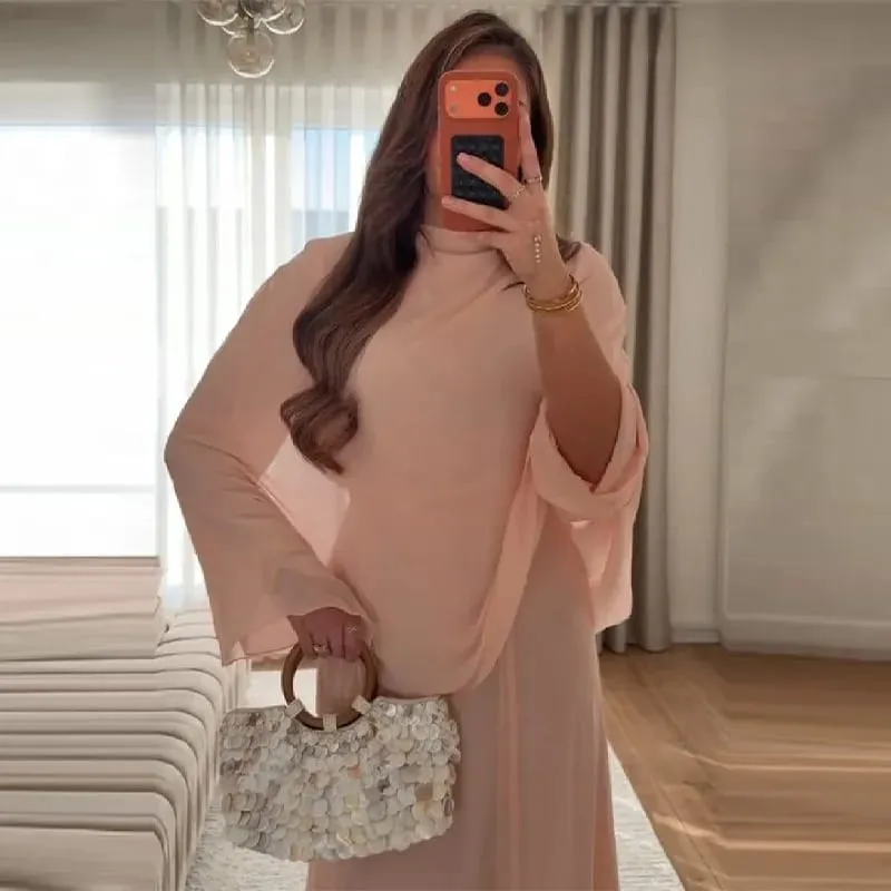 Women's Fashion Pink High Neck Cape Dress Elegant Loose Long Sleeve Flowy Maxi Dress 2026 Spring NEW Lady Evening Party Outfit