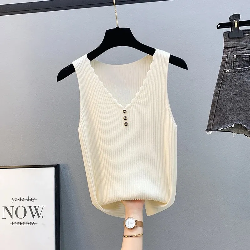 Ice Silk Knit Cami Top Women V Neck Sleeveless Slim Fit Elegant Tank Top Summer Outerwear Blazer Inner Layering Fashion Vest