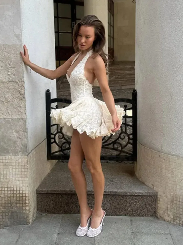 Hot Sweetheart Deep V Neck Halter Short Dress Lace Backless Waist Cinched Slim Vestidos 2026 Summer Beach Vacation Date Dresses — image 3