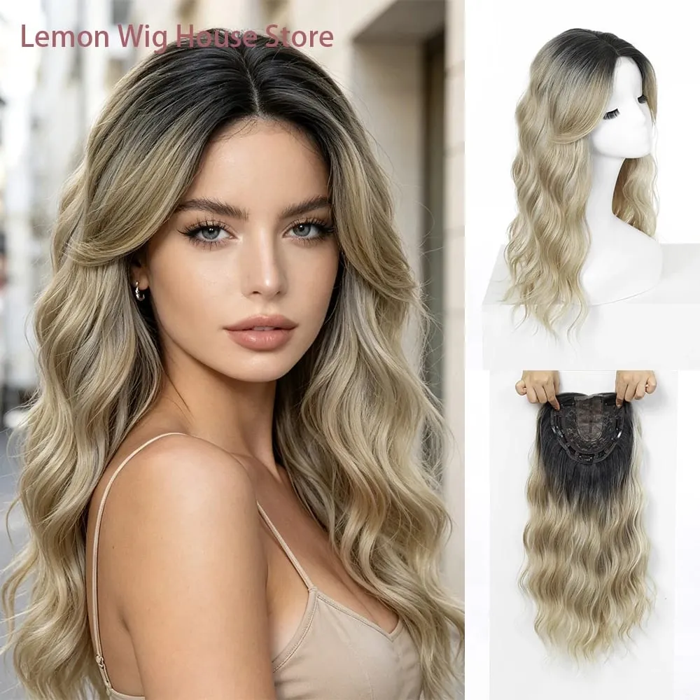 20 Inch Synthetic Long Wave Hair Topper Lace Base Hairpiece Clip on Top Hair for Women Cover Thinning Hair Breathable Wig Piece