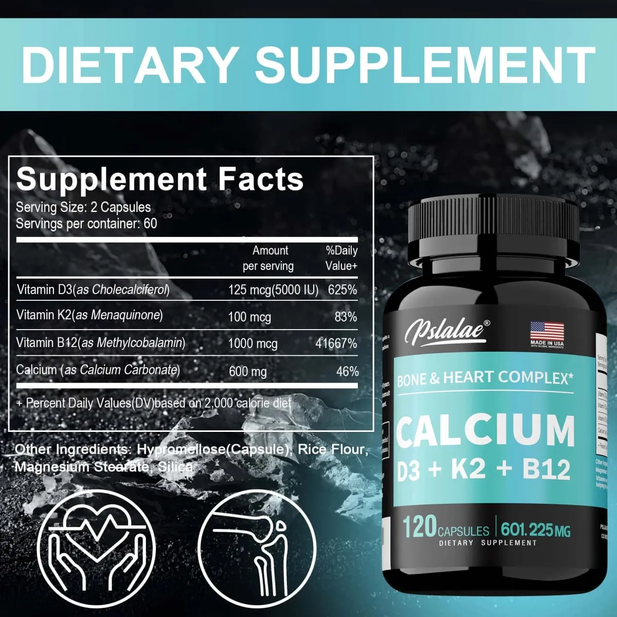 Suplemento de cálcio 4 em 1 com vitamina D3 K2 B12 - apoia ossos, dentes, coração e função do sistema imunológico