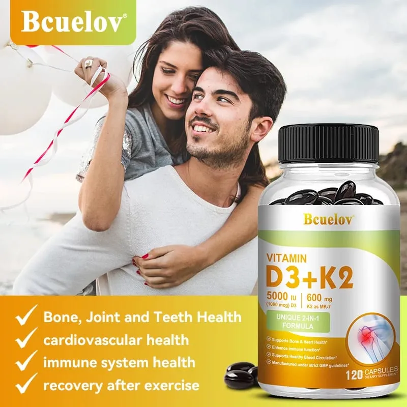 Bcuelov Vitamin D3+K2 5000 IE Vitamin D3 ikke-GMO formel let at sluge vitamin D og K kompleks kosttilskud