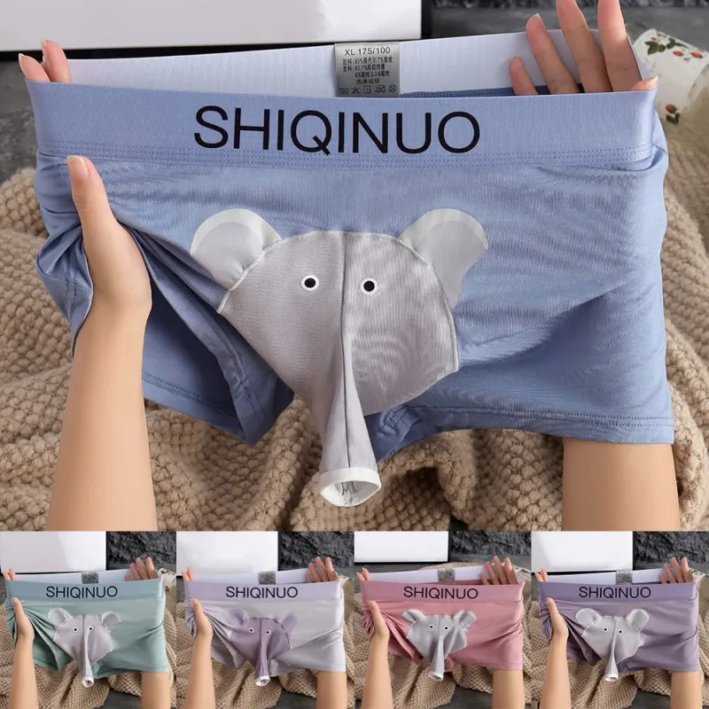 Men Cute Elephant Print Boxer Briefs Elastic Letter Waist 3D Pouch Soft Breathable Daily Sleep Home Casual Comfy Underwear Wear