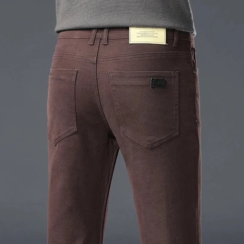 ArmyGreen Elastic Cotton Jeans Men's Spring Fashion Slim Straight Denim Pants Comfort Large Size Korean Business Casual Trousers