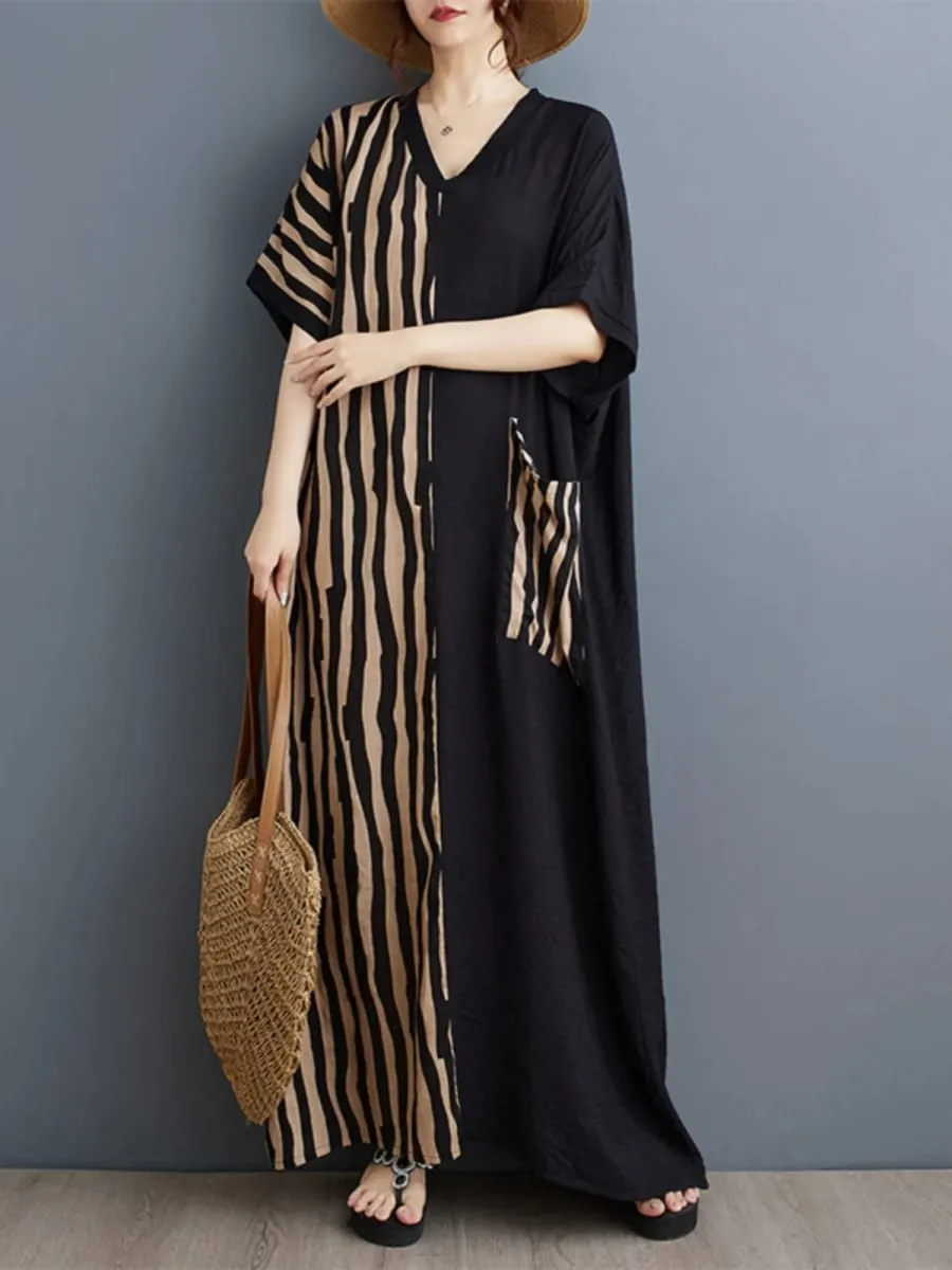 Long V-Ne ort Sve Printed Slimming Cotton Linen Dr Color Blo Casual Loose Fit Summer Faion plus Size Women