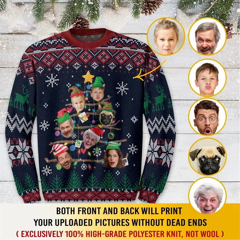 Custom Family Photo Christmas Sweatshirt Personalized Face Picture Print Xmas Tree Ugly Christmas Long Sleeve Party Tops