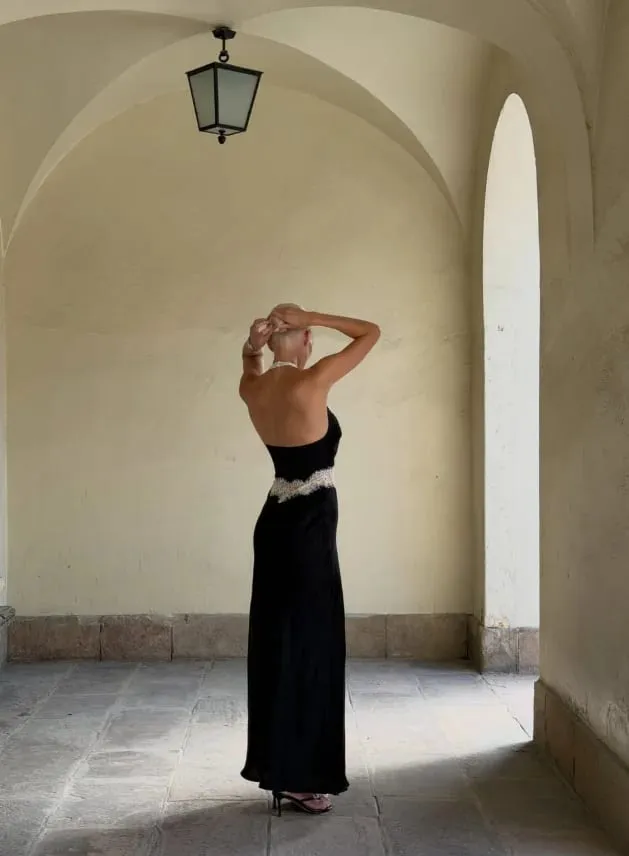 Black Lace Patchwork Halter Neck Maxi Dresses V-neck Sleeveless Backless High Waist Long Dress 2026 Elegant Party Club Outfits
