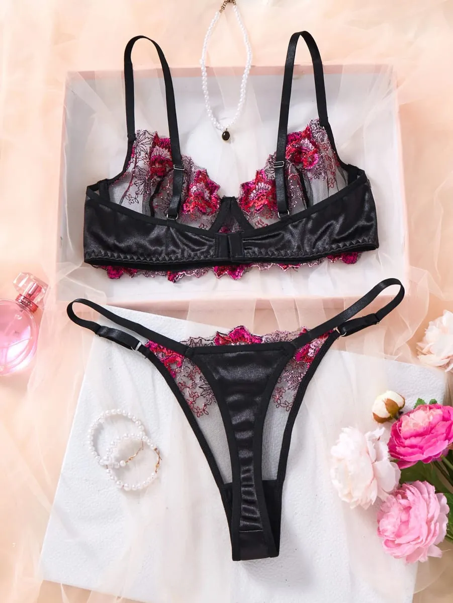 Women Black Floral Embroidery Lace Lingerie Set Push‑Up Bra & Thong Mesh Satin Intimate Underwear Daily Nightwear ZA825146