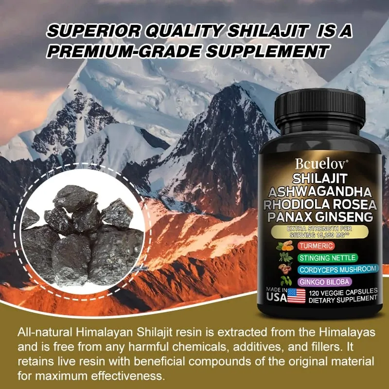 8-in-1 Shilajit Pure Himalaya Capsules with Ashwagandha Rhodiola and Panax Ginseng To Support Brain Joint and Immune Health