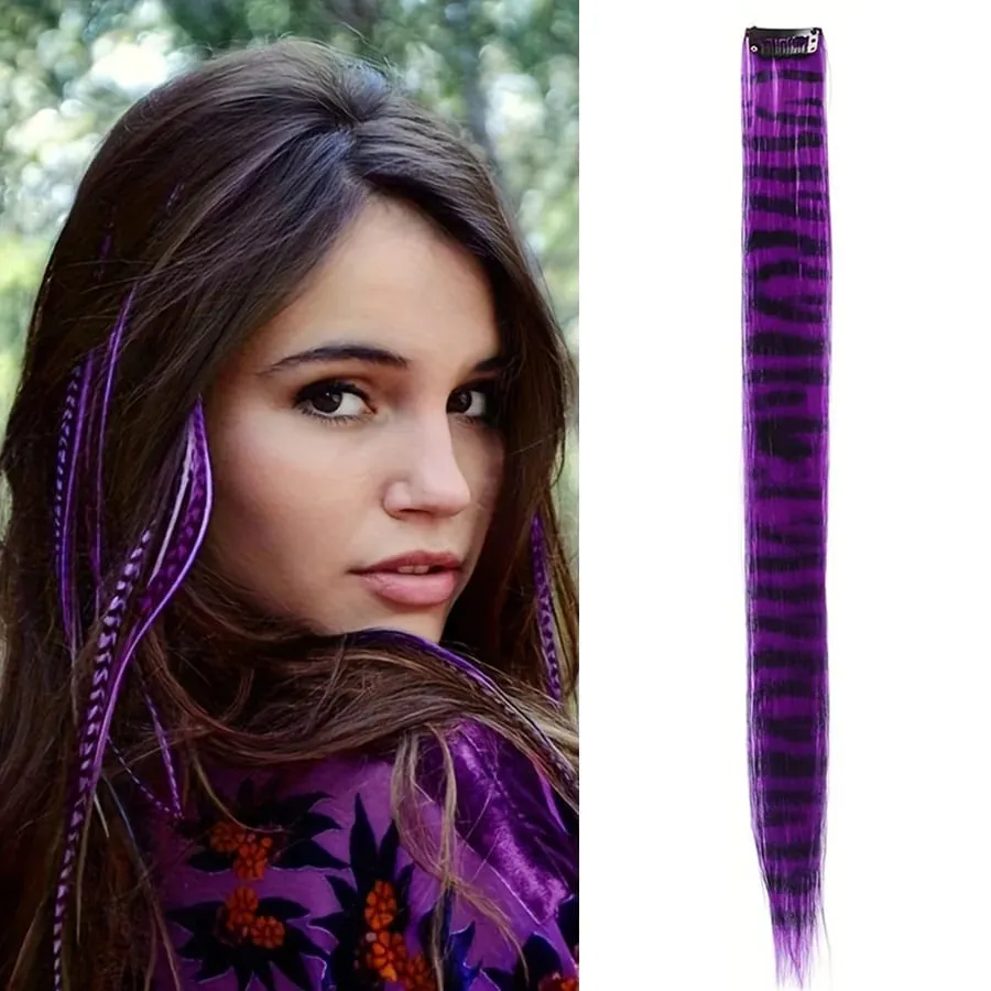 Stripe Printed Clip in Hair Extensions Colorful Synthetic Hair Highlights 18 Inches Straight Wig Hairpieces for Daily Use Party