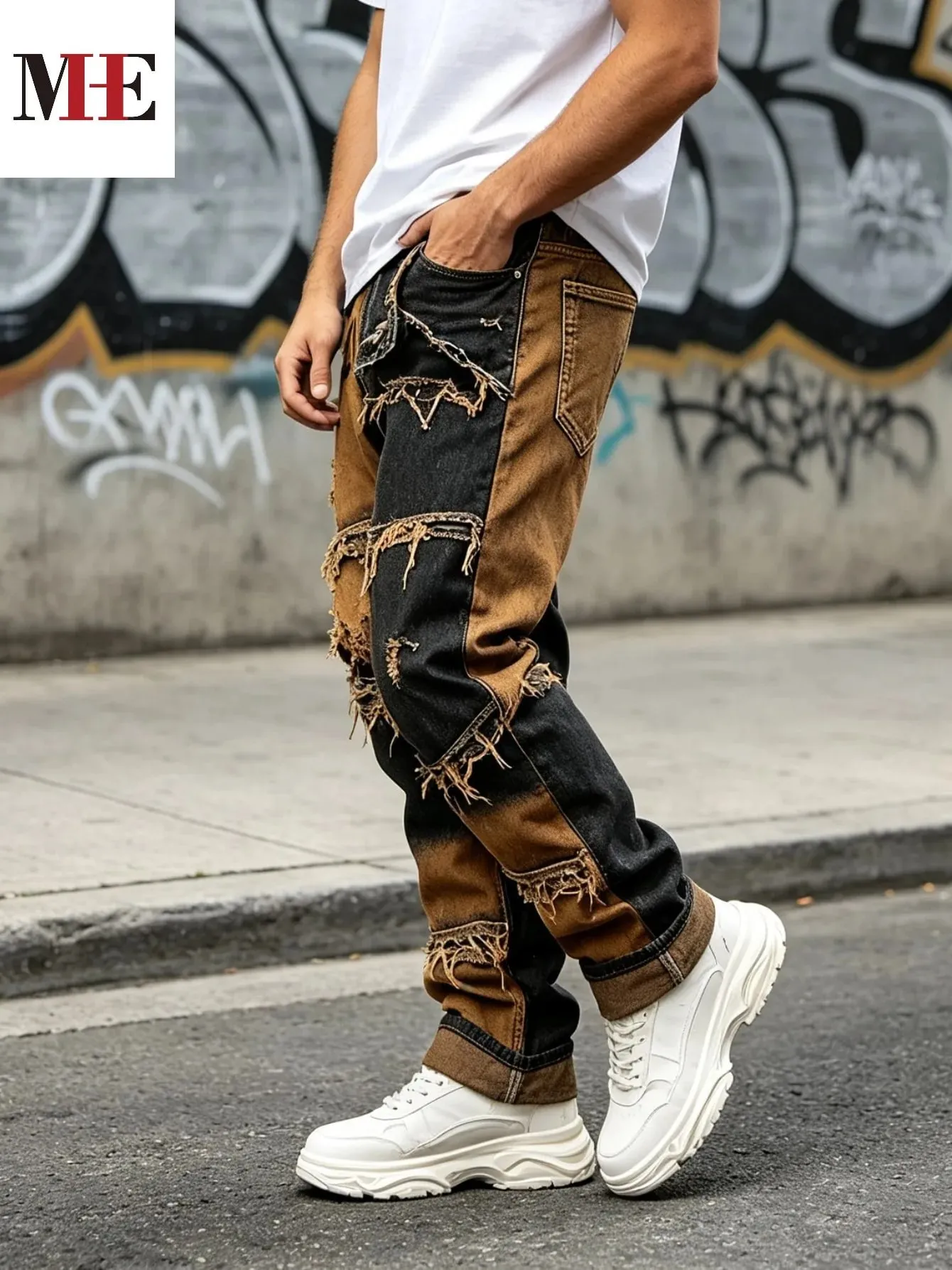 【HME】Men's Jeans | Straight‑Fit Deconstructed Denim Pants vintage Mud‑Wash Two‑Color Spliced Denim Trousers Exposed Frayed Tassel Seams Classic Five‑Pocket Construction Durable Fabric Fashion Men Casual Pants — image 8