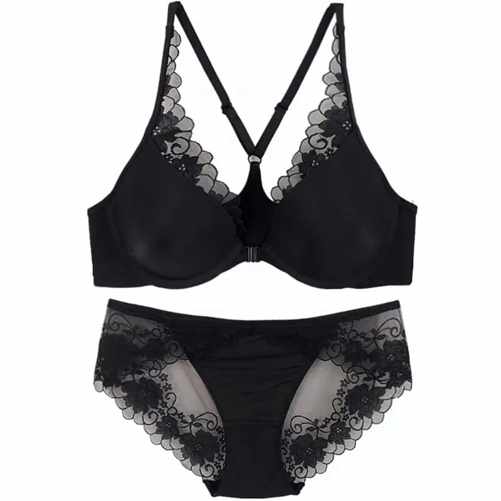 Seamless Front Buckle Halter Bra Soft Underwire Thin Summer Push Up Small Bust Minimizer Big Chest Sexy Back Lingerie 32-38 Set